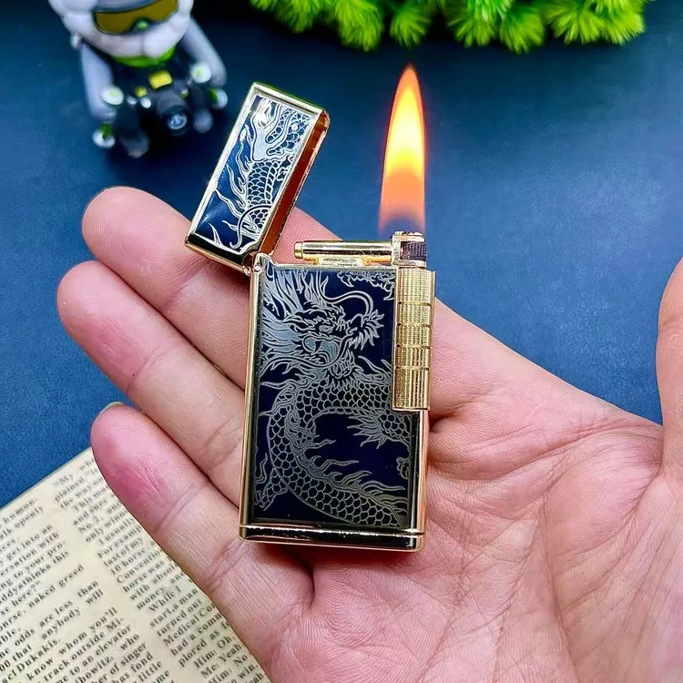 豫邦新款利剑薄款侧滑煤油打火机银龙纹商务创意侧滑翻盖打火机