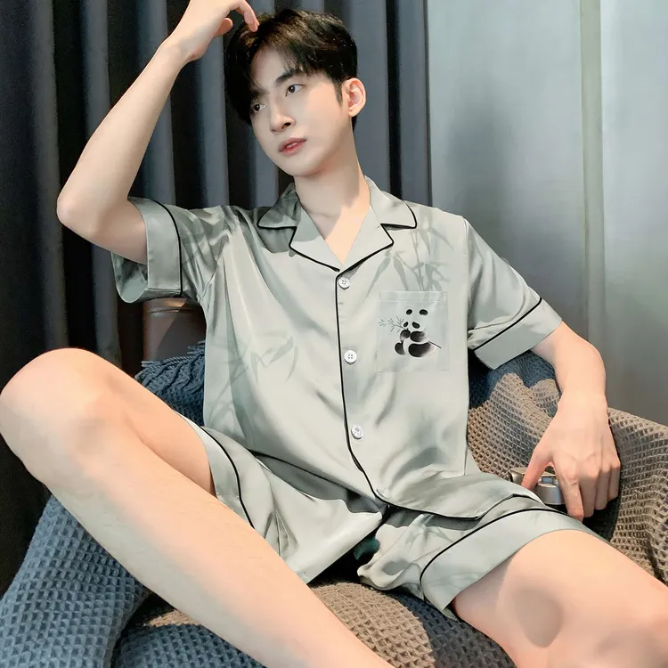 男士冰丝熊猫睡衣夏季2025新款短袖夏天薄款卡通青少年家居服套装