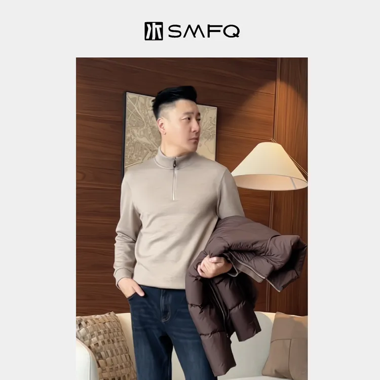 水木夫妻【男款】“暖糯半襟”醋酸蚕丝羊毛400g半高领加绒保暖针织衫