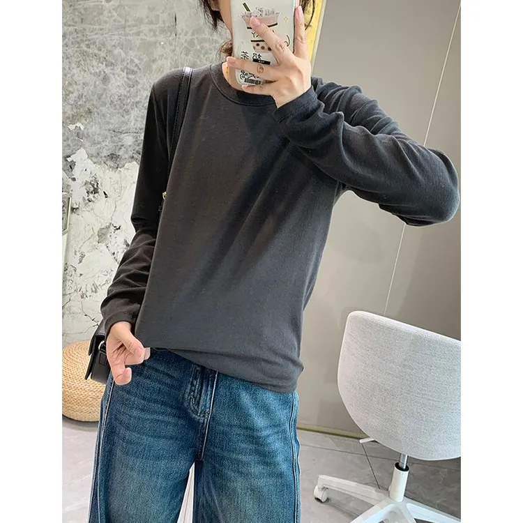 复古双面德绒加厚打底衫女秋冬内搭加绒磨毛宽松百搭长袖t恤女ins