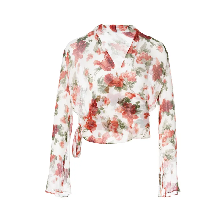 LYNEE 玫瑰人生复古印花宽松V领微透绑带衬衫夏季新款LGD2FSW252