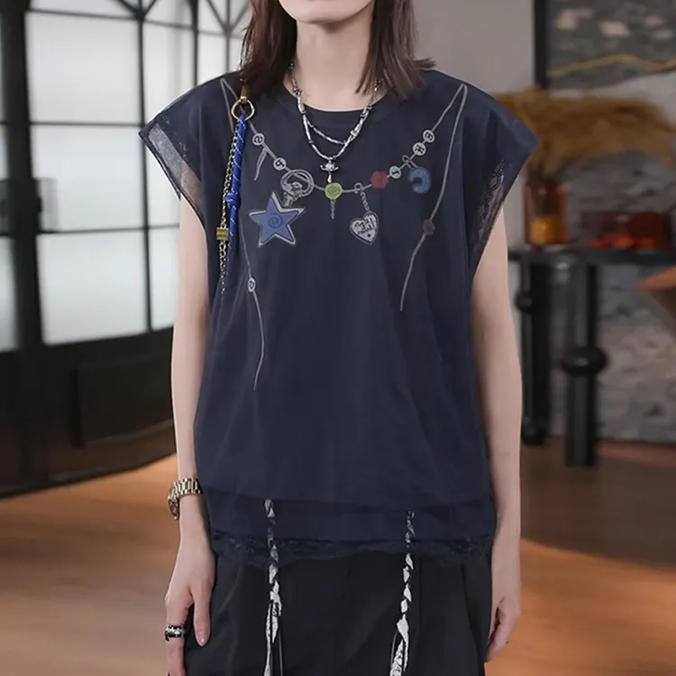 韩系印花拼接网纱圆领小衫女夏季新款洋气减龄轻薄透气短袖上衣潮