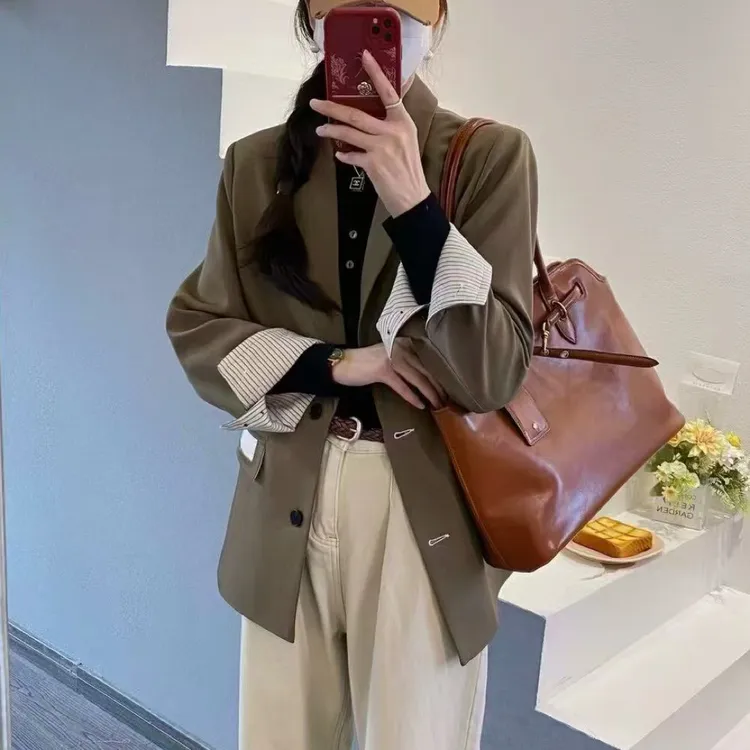 早秋新款韩版宽松显瘦后背两粒扣设计感气质西装外套