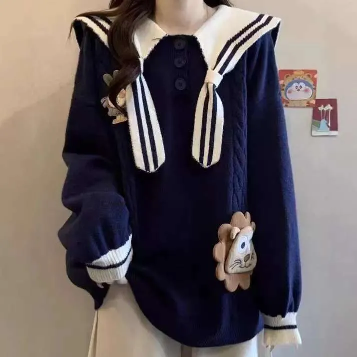 海军学院减龄毛衣大码秋冬新款宽松慵懒mm中长款针织衫上衣