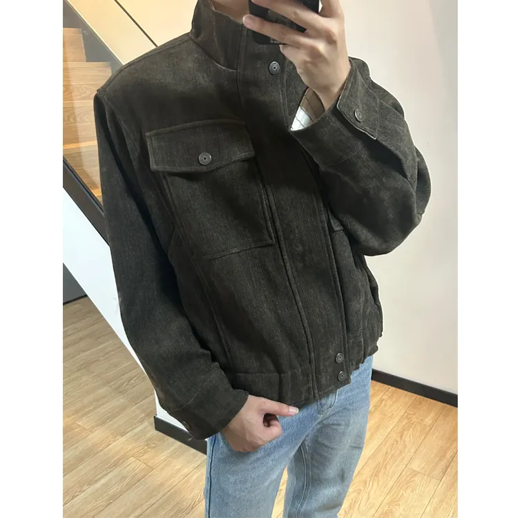 JUNSI秋冬原创设计雪尼尔拉链假两件立领外套 口袋绒感巴恩风夹克