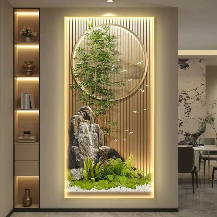 节节高升玄关装饰画新中式山水走廊过道挂画富贵竹子入户带灯壁画