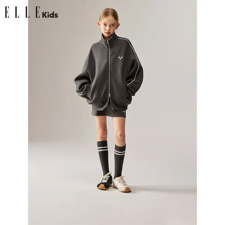 ELLE KIDS 童装法式经典微蝙蝠袖休闲宽松百搭拉链套装运动秋季Q2
