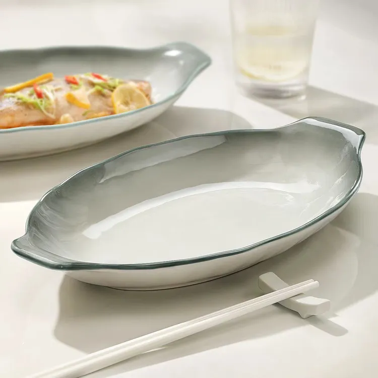 双耳鱼盘家用合集2025新款蒸鱼高级感陶瓷碗盘餐具家用菜盘沙拉盘