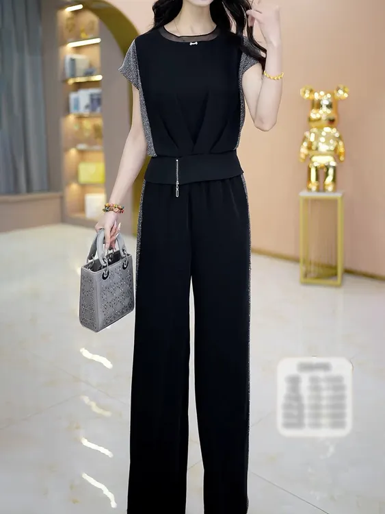 洋气时尚气质裤套装2025夏季新款圆领拼接设计感上衣+百搭阔腿裤