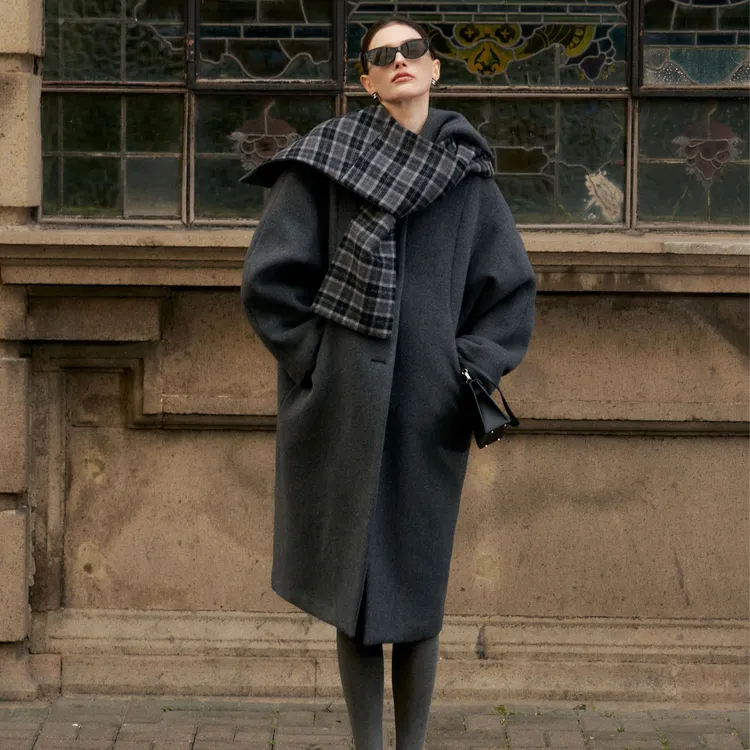 孟子义/董璇/刘些宁同款羊毛灰色双面呢大衣复古冬披肩格纹
