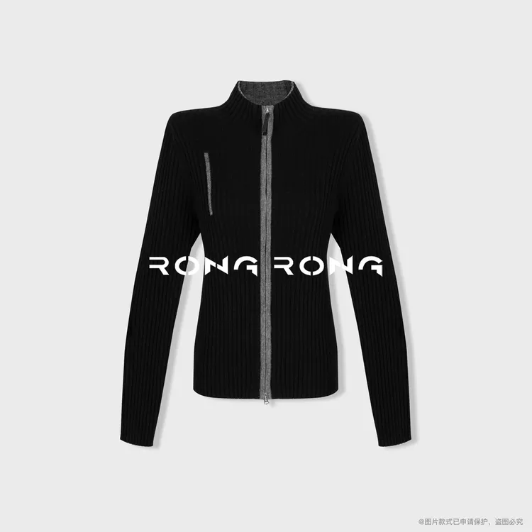 溶溶【灰墨主调】RONGRONG 绵羊毛撞色修身显瘦开衫毛衣 RR20243460