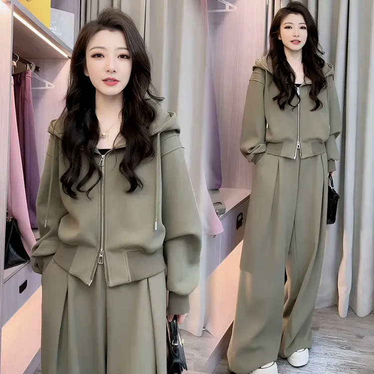 休闲慵懒风套装女2026年春秋季新款百搭连帽拉链卫衣阔腿裤两件套