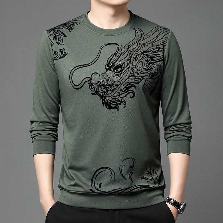 三十秋中年男士长袖圆领印花T恤春秋季打底龙T-shirt大码时尚休闲