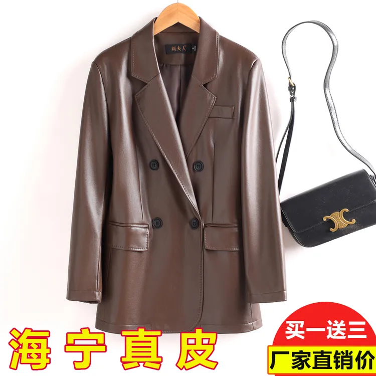真皮皮衣女中长款2025秋冬新款海宁绵羊皮西服宽松显瘦皮夹克外套