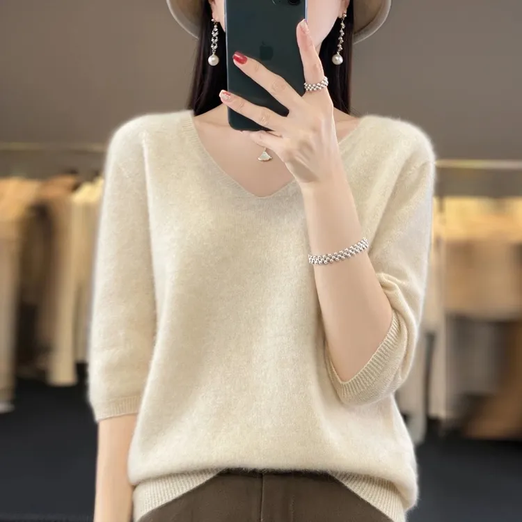 美丽诺100羊毛一线成衣短袖春夏新款女V领针织半袖宽松背心百搭