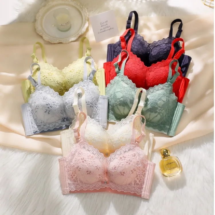 严选馒头加厚手掌杯小胸聚拢无钢圈文胸调整型蕾丝内衣女套装聚拢