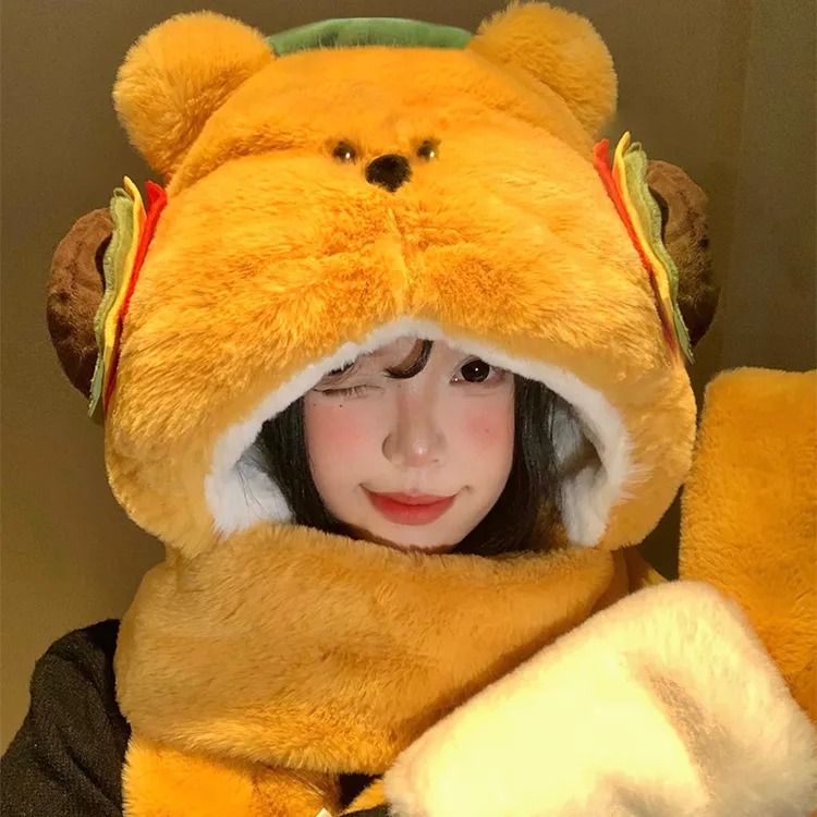 可爱汉堡小熊毛绒帽子围巾手套一体女冬季保暖防寒加绒加厚三件套