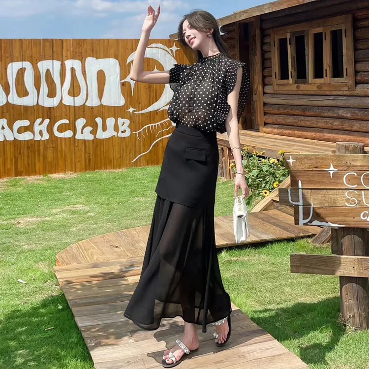 【浅浅专属】气质女神范高端套装新款夏季名媛波点上衣配开衩半身裙