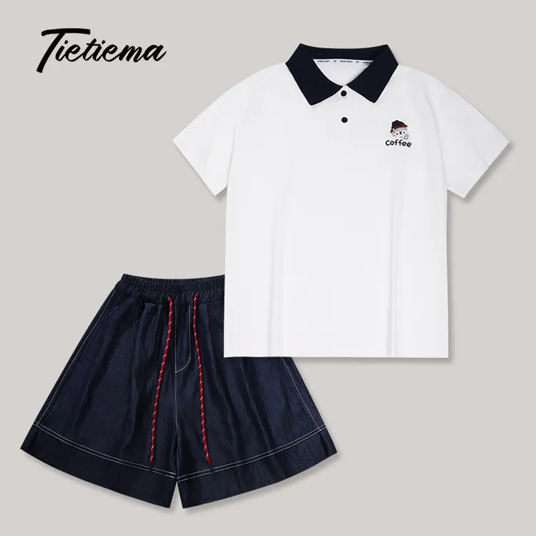 2025夏季中大女童短袖T恤白色简约格纹印花宽松清爽舒适TM90021