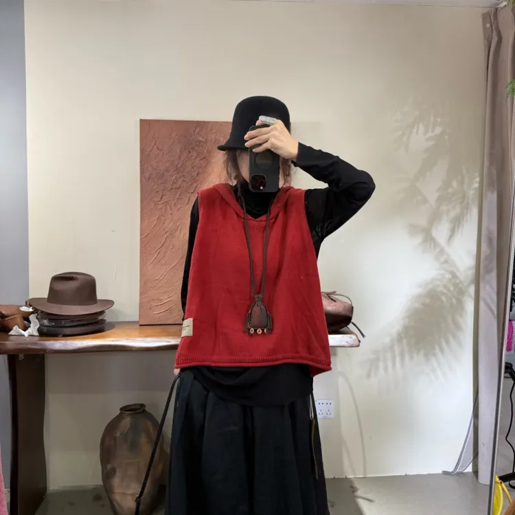 复古休闲连帽大码针织马夹女新款百搭套头无袖背心  20310#