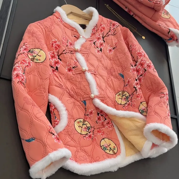国风盘扣小棉衣东北大花棉袄裤子加绒加厚碎花时尚套装