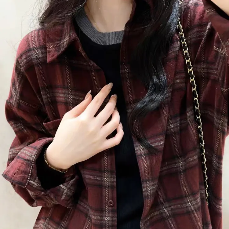 安可拉红磨毛格子衬衫女装秋冬加厚叠穿宽松洋气休闲格纹上衣外套