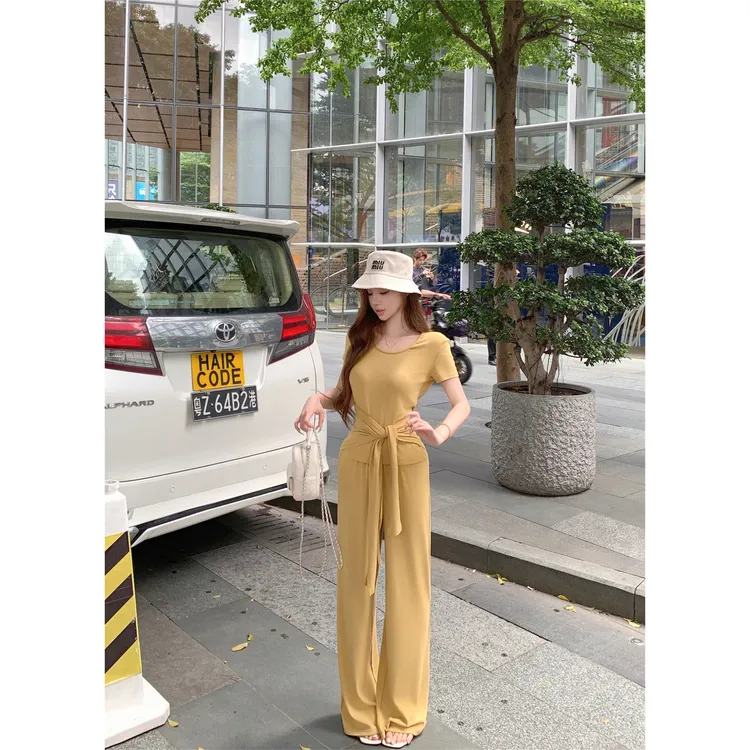 【运补6-8】简约高弹针织T恤披肩 宽松阔腿裤女遛弯套装