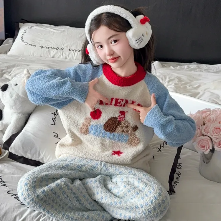 儿童睡衣女孩秋冬款2025新款中大童高颜值半边绒家居服6-12岁潮款