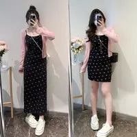 橘子-韩系碎花粉色上衣外搭+黑色吊带裙两件套WP9386套装裙子夏季