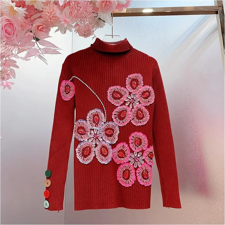 A394欧美风设计师2025早春新款重工钉珠刺绣花朵高领打底针织衫女