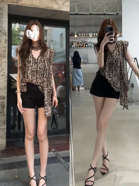 2025夏季性感辣妹无袖小众豹纹时尚休闲显瘦短款气质上衣黑色短裤