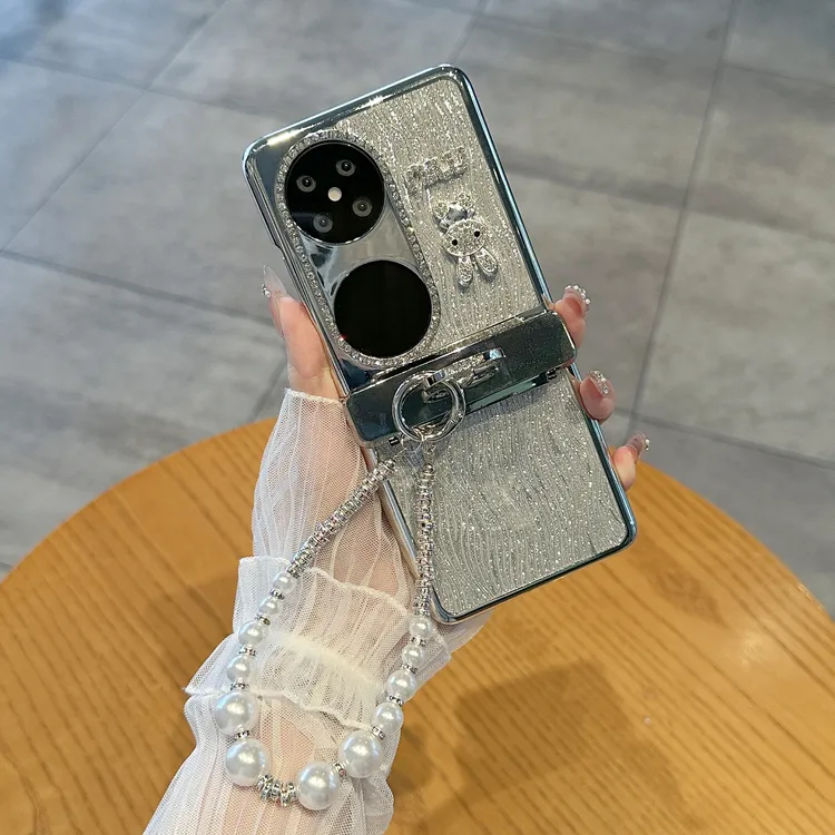 适用华为p50 pocket 2手机壳折叠屏高级水波纹闪粉钻兔全包保护套