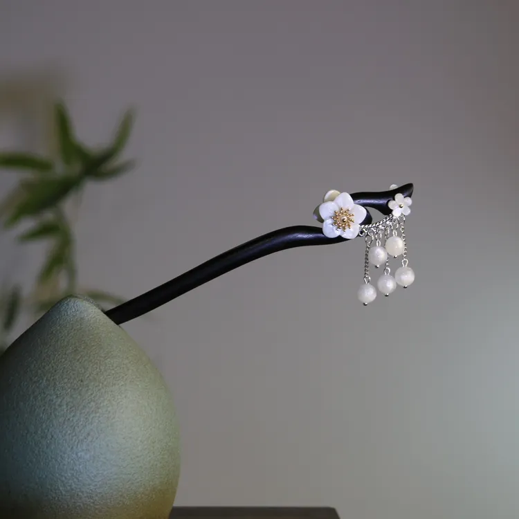黑檀木发簪18厘米【净雅】干净奶白色小花贝壳花新中式高级简约