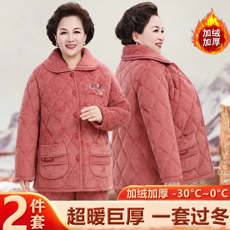 冬季中老年人睡衣加厚女妈妈三层夹棉保暖家居服加绒奶奶婆婆棉袄