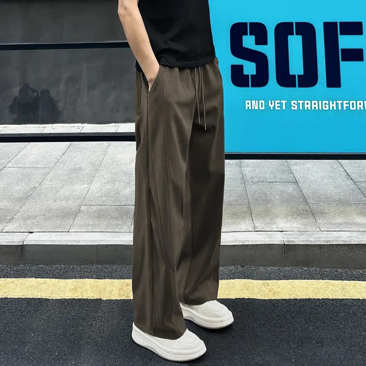 QUALCOMM秋冬款咖色拼接设计呢料休闲裤男女潮流百搭宽松直筒长裤