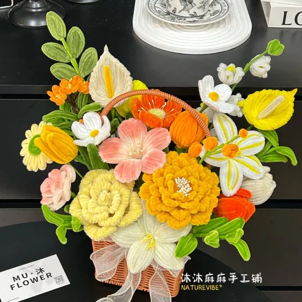 （成品）扭扭棒成品花篮抱抱桶手工编织成品生日礼物乔迁送礼摆件