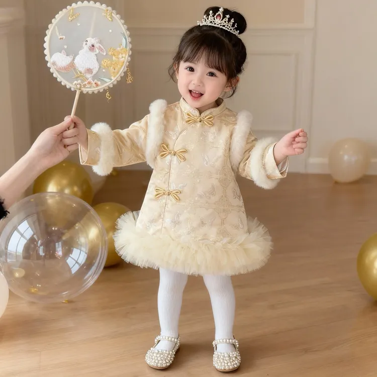 女宝宝周岁礼服裙冬款加绒旗袍裙唐装拜年服小童中式连衣裙加厚
