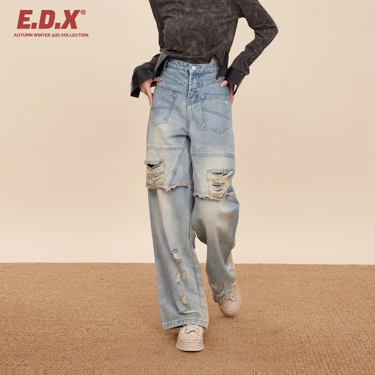 EDX美式复古破洞牛仔裤女秋季毛边宽松阔腿拖地长裤高街裤子拼接