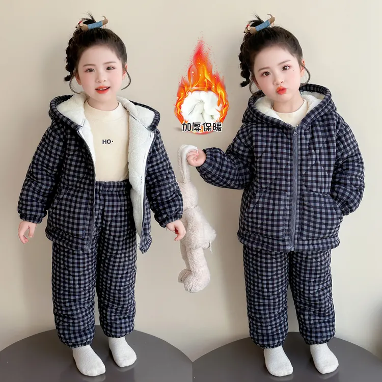 女童三层夹棉家居服套装儿童睡衣冬季加绒加厚女宝法兰绒保暖连帽