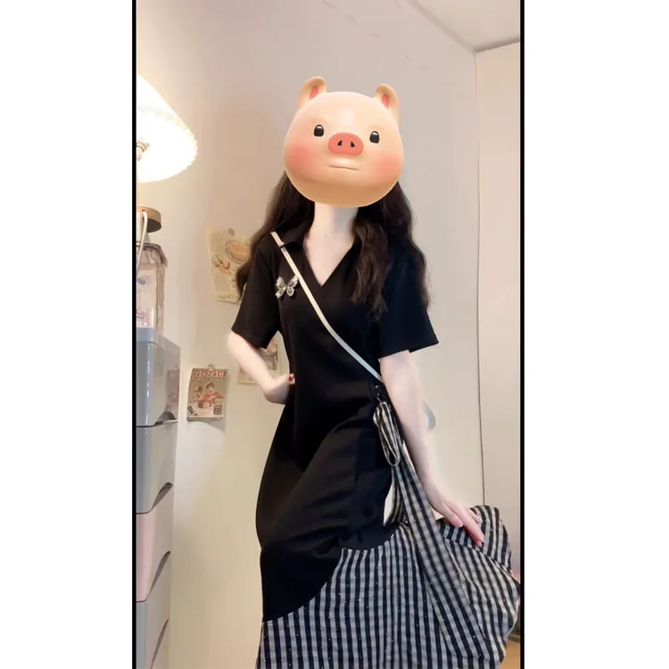 大码夏季新款拼接格子时尚显瘦蝴蝶结连衣裙洋气法式设计感长裙子