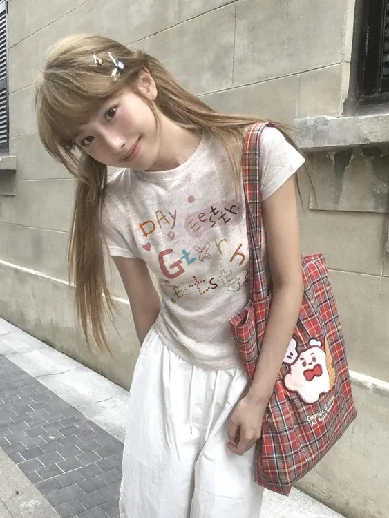 WRXS 美式复古彩绘涂鸦正肩短袖t恤女夏季2025新款设计感辣妹上衣