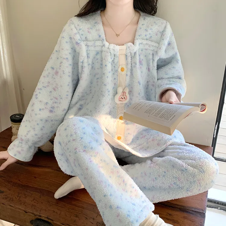 半边绒睡衣女款冬季加厚加绒珊瑚绒甜美公主风冬天休闲家居服套装