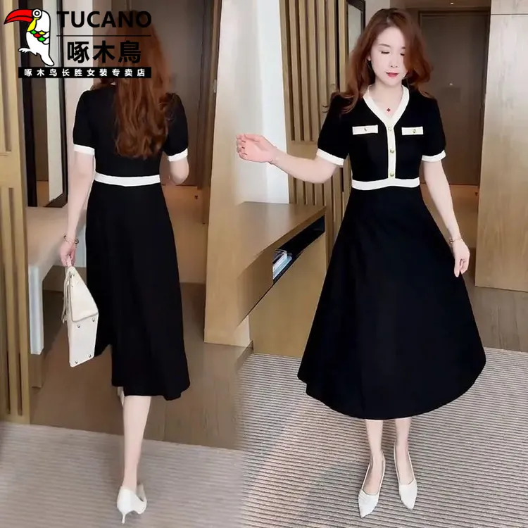 啄木鸟短袖连衣裙女夏季新款时尚洋气收腰显瘦气质假两件中长款A