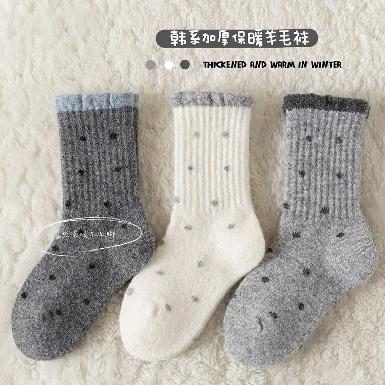 女童袜子秋冬季加厚保暖羊毛袜儿童韩版波点花边袜冬款羊绒中筒袜