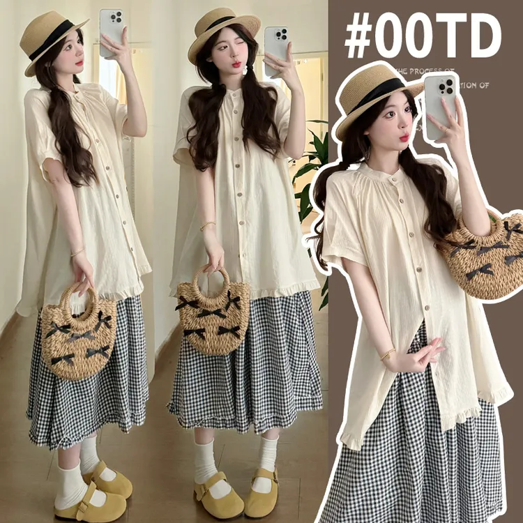 孕妇装2025新款夏季宽松显瘦衬衫女夏季穿搭短袖衬衣+半身裙套装
