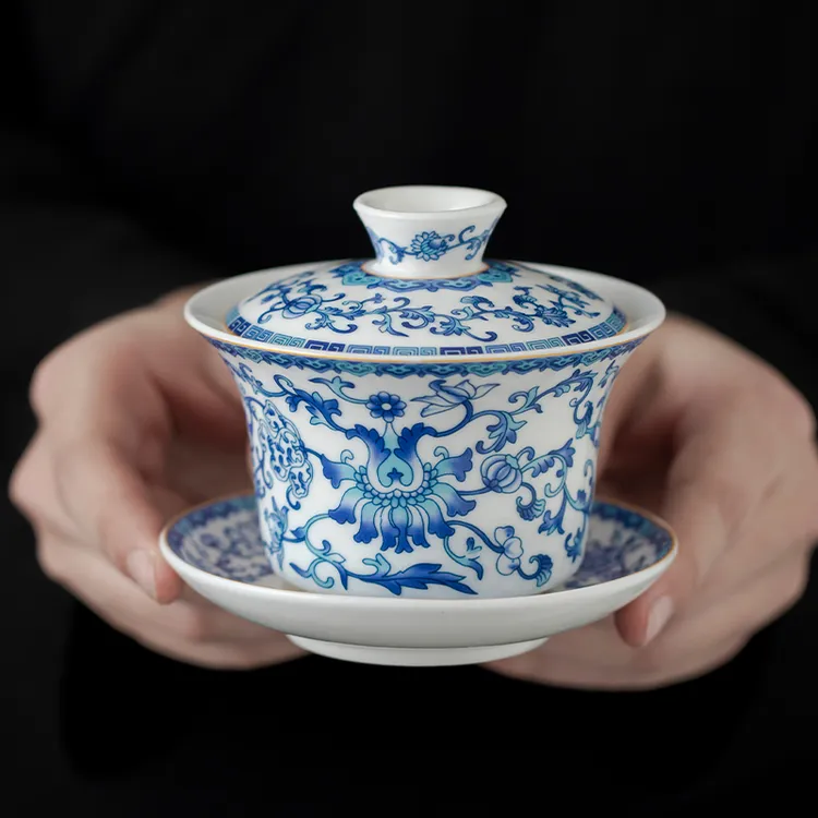 羊脂玉白瓷繁花三才盖碗可悬停旋转高档泡茶碗茶杯过滤组功夫茶具