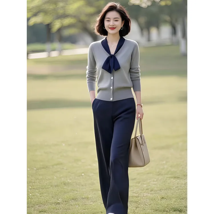 2025春秋新款时尚套装女洋气显瘦撞色翻领针织衫上衣阔腿裤两件套