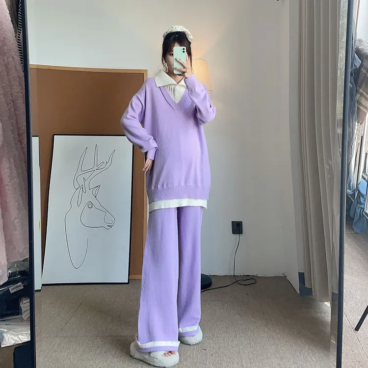 孕雅姿孕妇装秋冬新款小香风针织套头外套时尚紫色孕妇装高级感裙