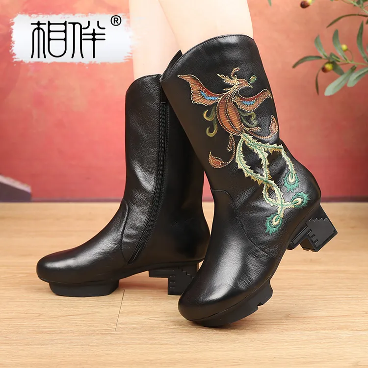 相伴复古真皮牛皮女士粗跟长靴民族风中老年加绒秋冬国风靴53356