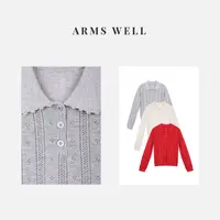 ARMS WELL王囡囡 白/灰/红绵羊毛翻领花边镂空针织上衣 S230
